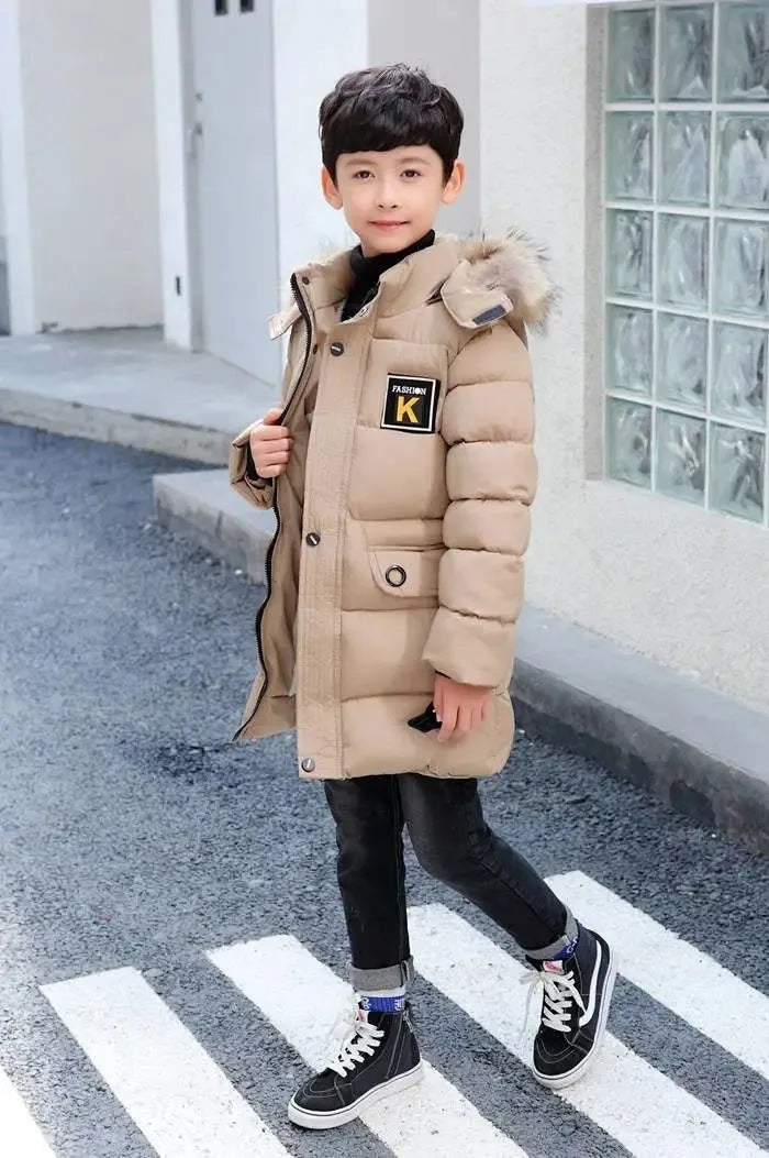 Manteau à capuche en coton pour enfant avec col en fourrure et veste matelassée en coton