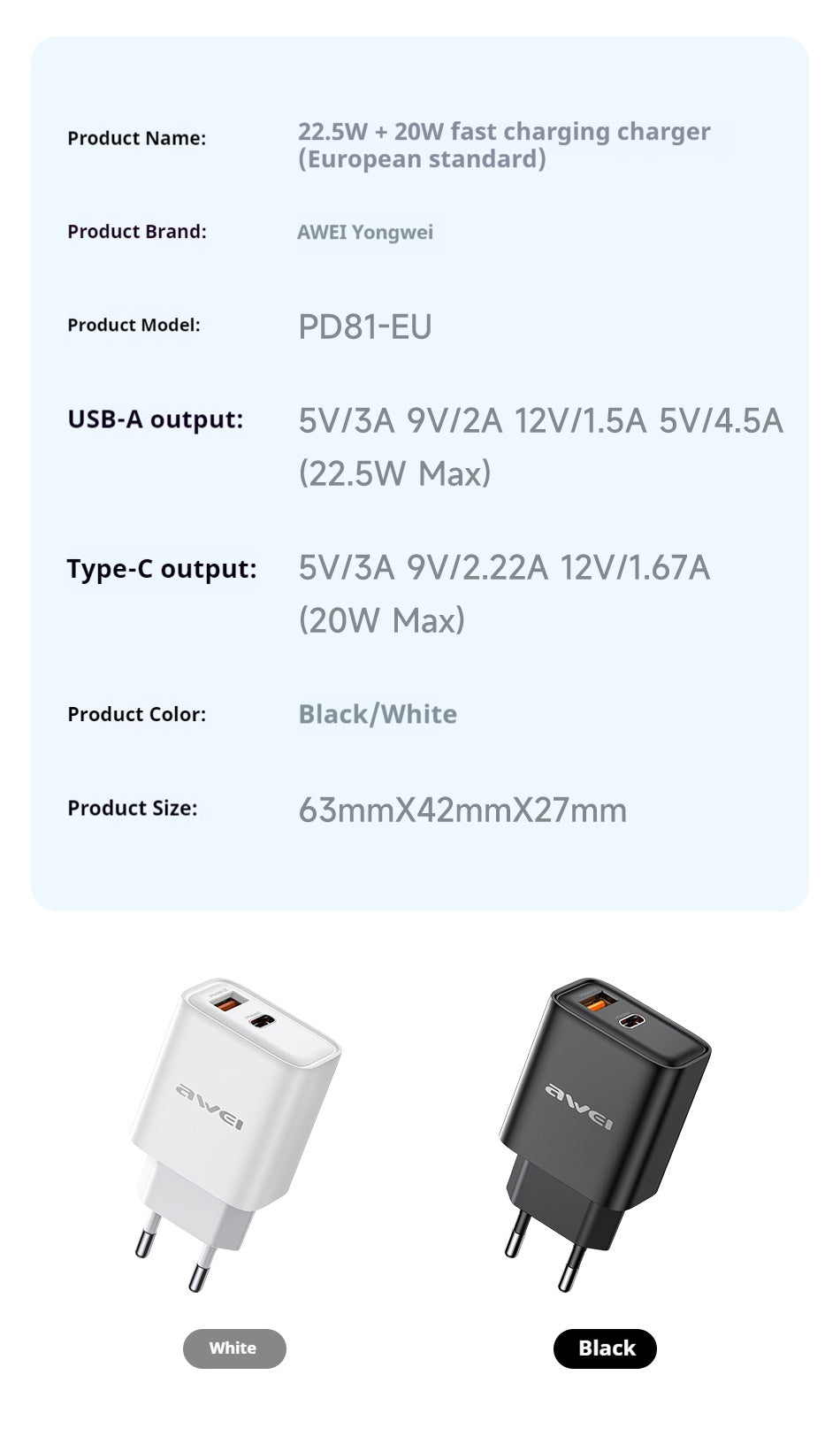 Chargeur rapide 22,5 W / 20 W (prise EU) AWEI