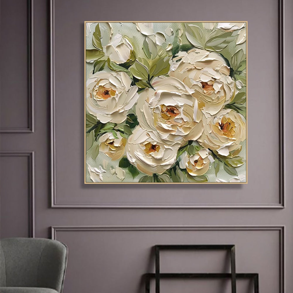 Peinture à l’huile abstraite faite à la main sur toile — Art mural moderne à la peinture épaisse représentant des feuilles vertes et des fleurs de roses jaunes, idéale pour la décoration intérieure.