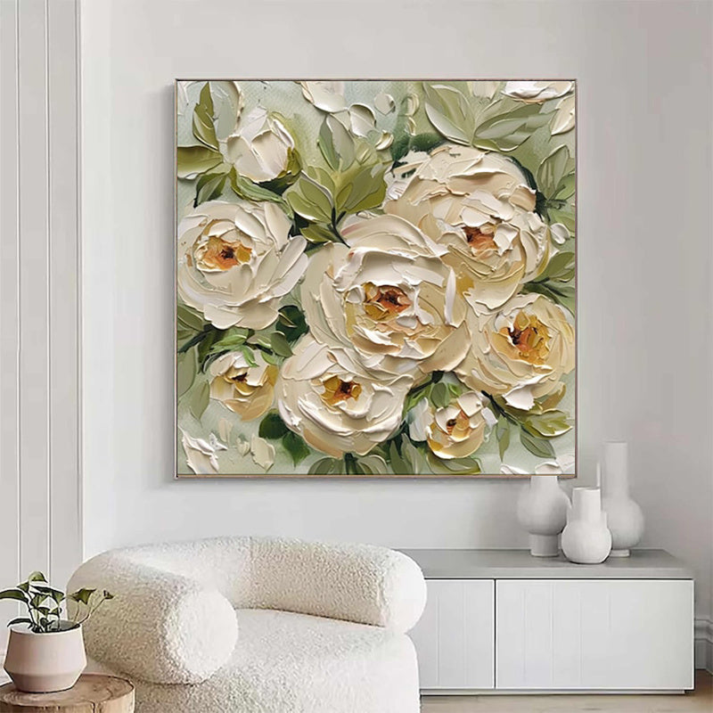 Peinture à l’huile abstraite faite à la main sur toile — Art mural moderne à la peinture épaisse représentant des feuilles vertes et des fleurs de roses jaunes, idéale pour la décoration intérieure.